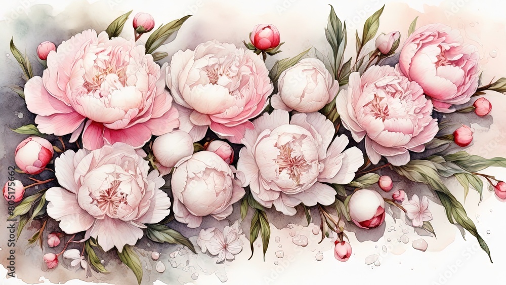 Watercolor illustration of a large space for a note with small white and create a beautiful bouquet of several white and pink blooming peonies and buds in morning dew drops, invitation, greeting, card