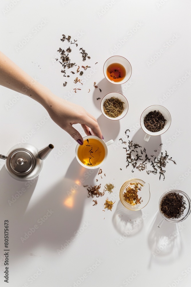 Elegance in Simplicity: Female Hand in a Tea Selection Scene with Natural Light and White Space - International Tea Day Concept