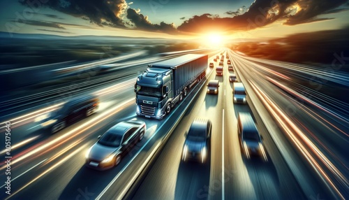 Truck Leading Traffic on Busy Highway at Sunset
 photo
