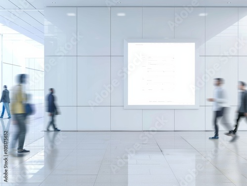 Futuristic Health Clinic Interior with Blurred Individuals and Blank Diet Plan Mockup