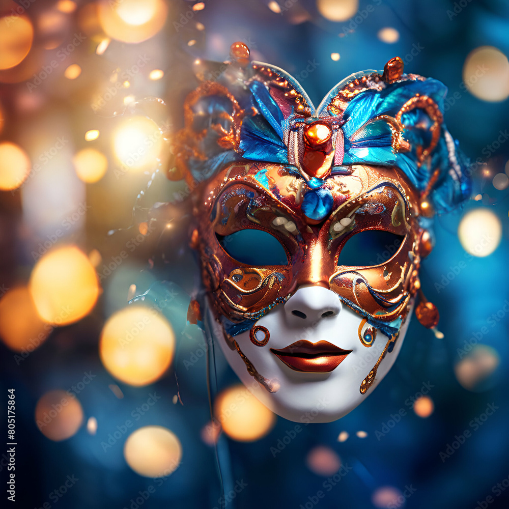 carnival party venetian mask banner with defocused bokeh lights Carnival banner Carnival banner marri gras woman smiling with venetian  gras woman smiling with venetian mask night lights Generate Ai.

