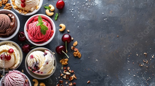 There is a variety of ice cream flavors in the bowls, featuring different ingredients and produce. This dessert is a favorite food item in many cuisines AIG50