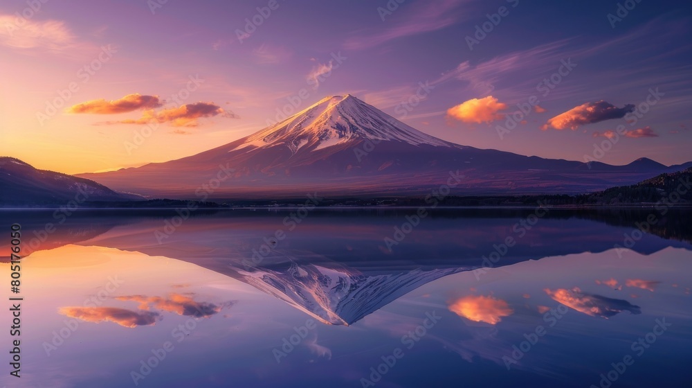 Mount Fuji at sunrise from lake Saiko, Yamanashi Prefecture, Japan