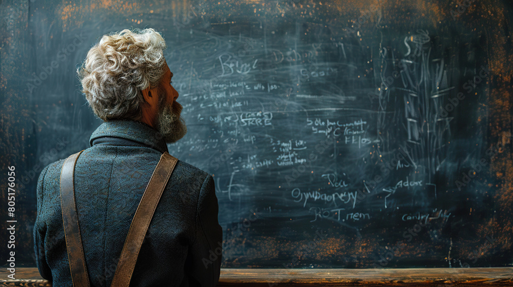 Thoughtful Senior Man with Grey Hair and Beard Looking at a Chalkboard with Notes. Generated by AI Thoughtful Senior Man with Grey Hair and Beard Looking at a Chalkboard with Notes. Generated by AI
