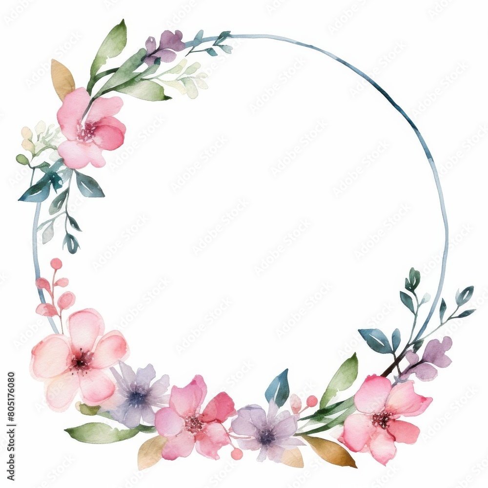 Watercolor Wreath With Pink Flowers and Green Leaves Watercolor Wreath With Pink Flowers and Green Leaves