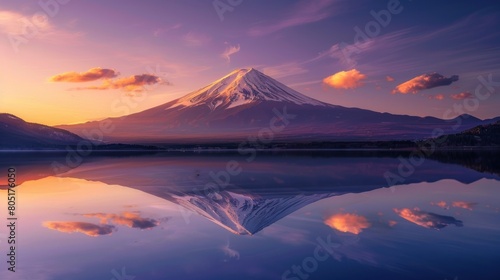Mount Fuji at sunrise from lake Saiko, Yamanashi Prefecture, Japan