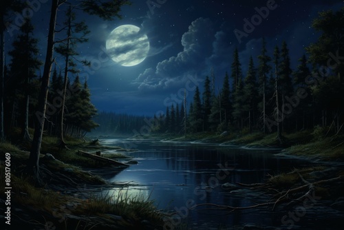 Dusky Night landscape lake. Scenery reflection. Generate Ai