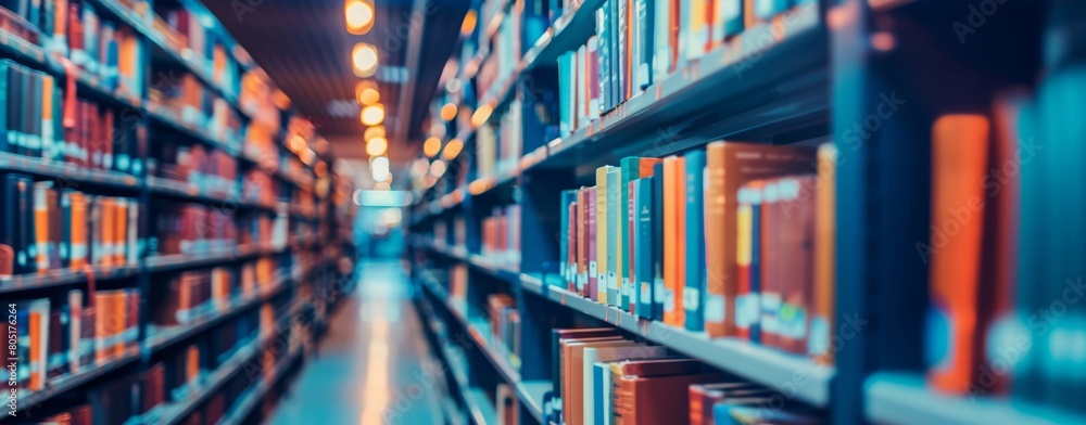 Long rows of library shelves filled with multicolored books in a modern educational setting. Long rows of library shelves filled with multicolored books in a modern educational setting.