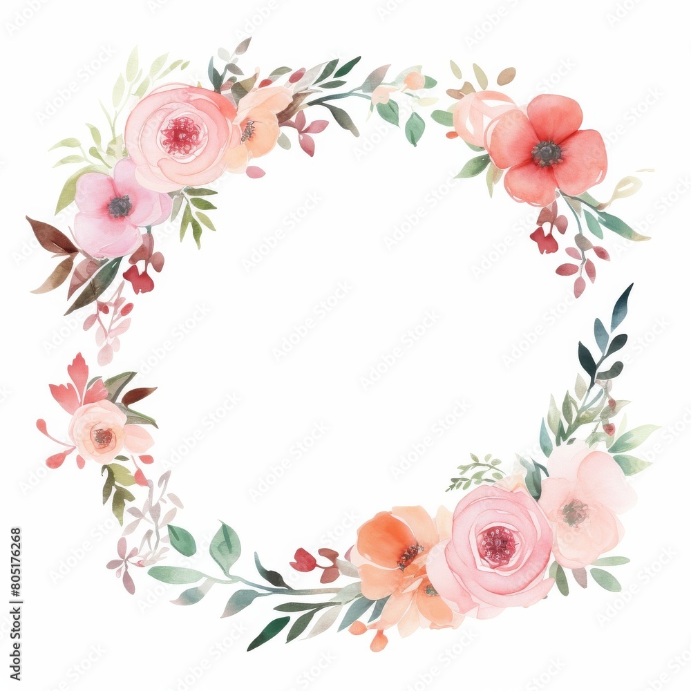 Watercolor Wreath With Flowers and Leaves Watercolor Wreath With Flowers and Leaves