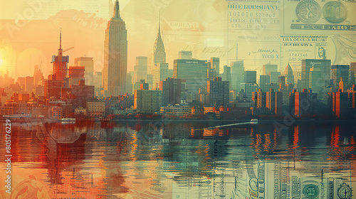 New York City Skyline at Sunset with Dollar Bills and Financial Documents. Generated by AI