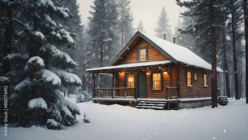 Watercolor painting depicting a winter wonderland, with snow-covered pine trees and a cozy cabin in a vintage style.