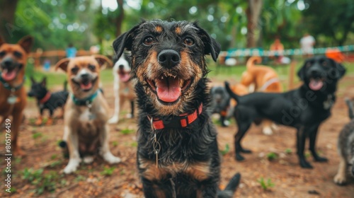 A group of dogs of different breeds are sitting in a forest and looking at the camera. The dogs are all smiling and appear to be happy. photo