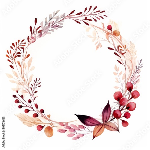 Watercolor Wreath With Leaves and Berries