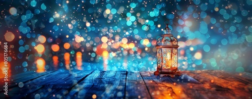 Vintage lantern with festive bokeh lights on a wooden surface.