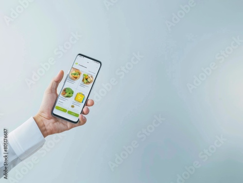 Wallpaper Mural Asian Young Adult Male Interacting with AI Nutrition App on Smartphone in Minimalist Setting Torontodigital.ca