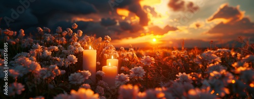 Candles lighting up a field of flowers during a stunning sunset.