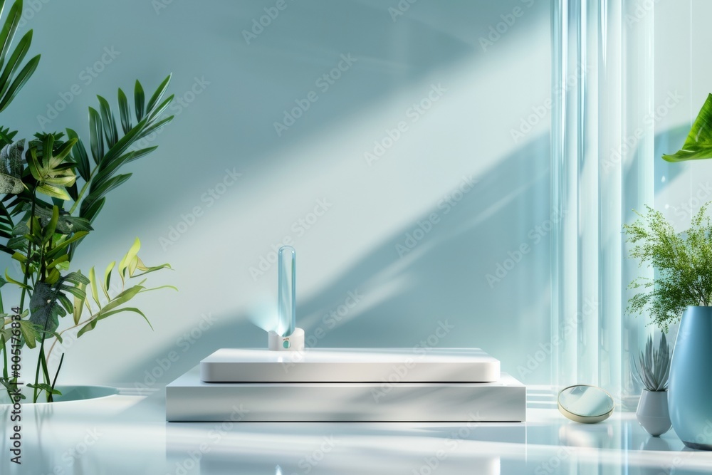 Modern Health Clinic Podium with High-Tech Gadgets in a Futuristic Setting Modern Health Clinic Podium with High-Tech Gadgets in a Futuristic Setting