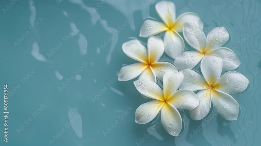   A cluster of white and yellow blooms bobbing atop a water surface, surrounded by beads of liquid