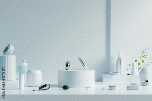 High-Tech Health Clinic Podium Surrounded by Modern Gadgets in a Futuristic Setting