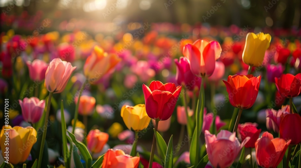 Obraz premium Field of tulips in full bloom with a beautiful sunset in the background.