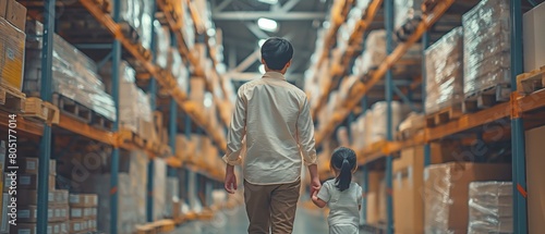 backside Asian father owning and operating an import-export warehouse business. grabbing hold of a cute daughter's hand
