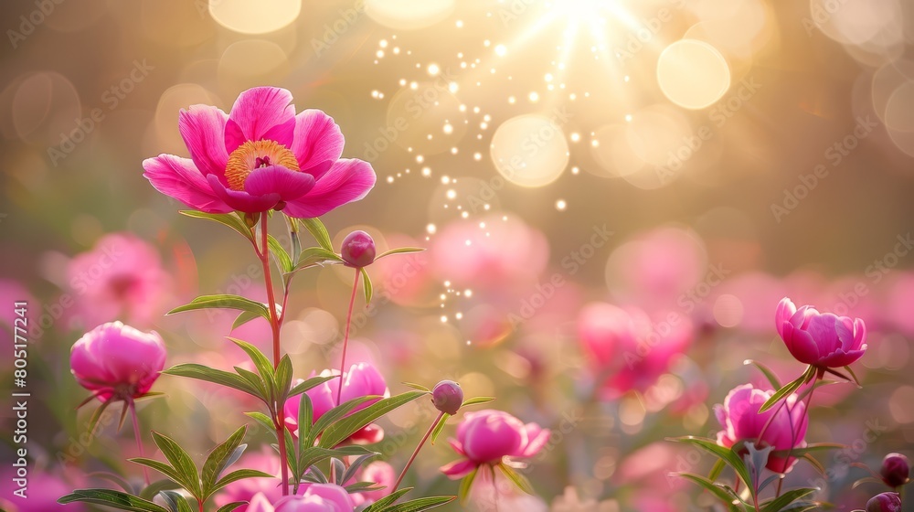 A pink flower blooms amongst a sea of pink blossoms; the sun casts light through the azure sky behind A pink flower blooms amongst a sea of pink blossoms; the sun casts light through the azure sky behind