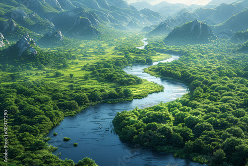 A fertile river valley, with meandering waterways and lush vegetation, providing sustenance for civilizations to thrive. Concept of riparian ecosystems. Generative Ai. photo