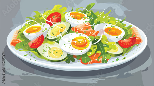 Plate of delicious salad with boiled eggs and salmon