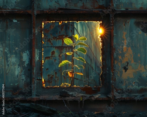 A small plant growing through a crack in a rusty metal wall.