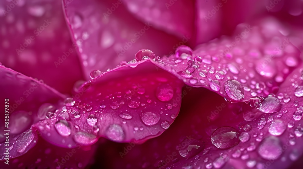 A tight shot of a pink blossom adorned with water droplets, each clinging to petals A tight shot of a pink blossom adorned with water droplets, each clinging to petals