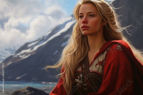 Serene Norwegian woman portrait. Serious face. Generate Ai