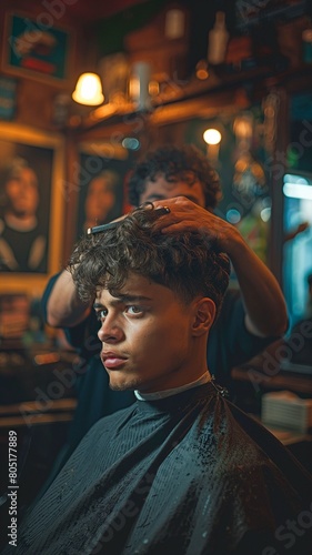Cutting his hair in a barbershop, a young man