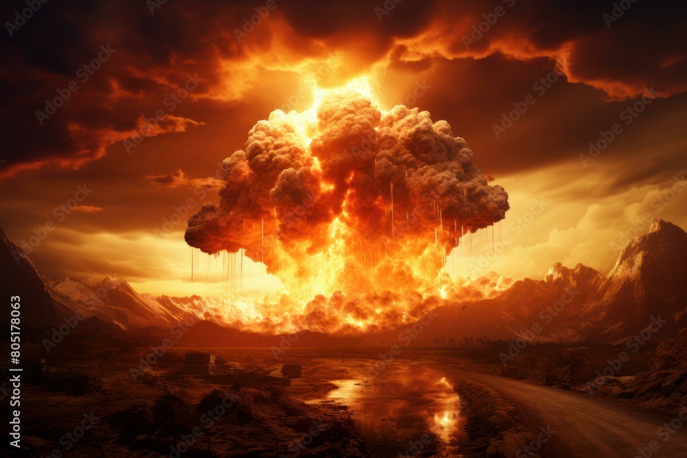 Terrifying Nuclear explosion dramatic smoke. Men dictator. Generate Ai