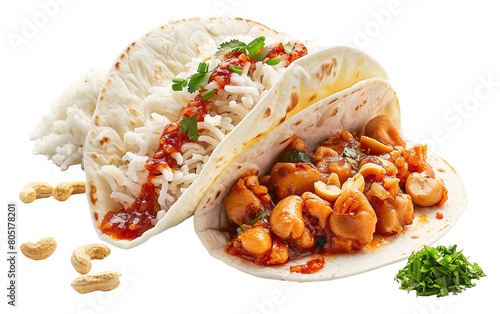A Malaysian Twist with Coconut Rice and Peanuts Isolated on Transparent Background PNG.
