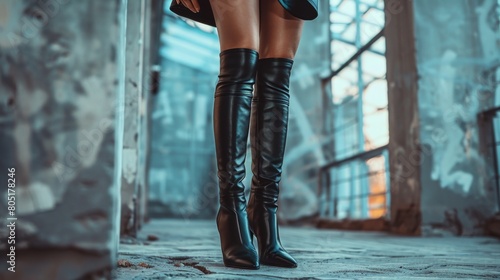 A Captivating Study of Female Legs Clad in Long, Sleek Thigh-High Boots, Exuding Confidence and Elegance photo
