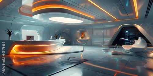 Fototapeta Naklejka Na Ścianę i Meble -  Futuristic hard surface interior design of spaceship living room , A living room with a couch and a table with a large screen that says'star wars'on it