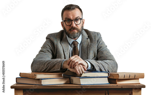 Male Teacher Engrossed in Books at Desk Isolated on Transparent Background PNG.