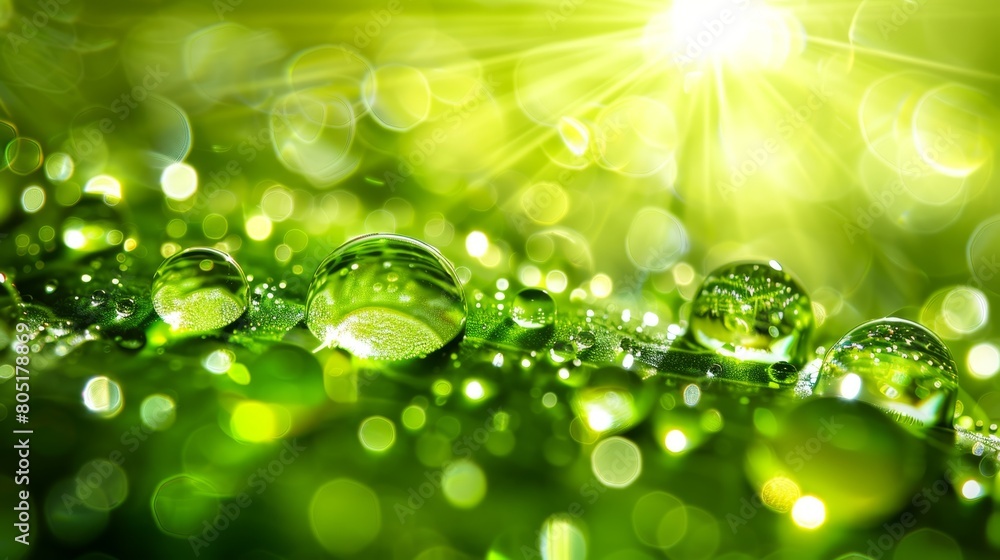   A tight shot of water drops on a verdant surface, sun illuminating from behind