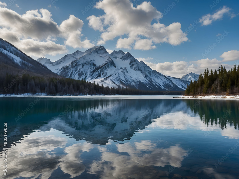 Wintry Wilderness, Snowy Mountain Range Encircling a Crystal-Clear Lake, Clouds Hovering Above.