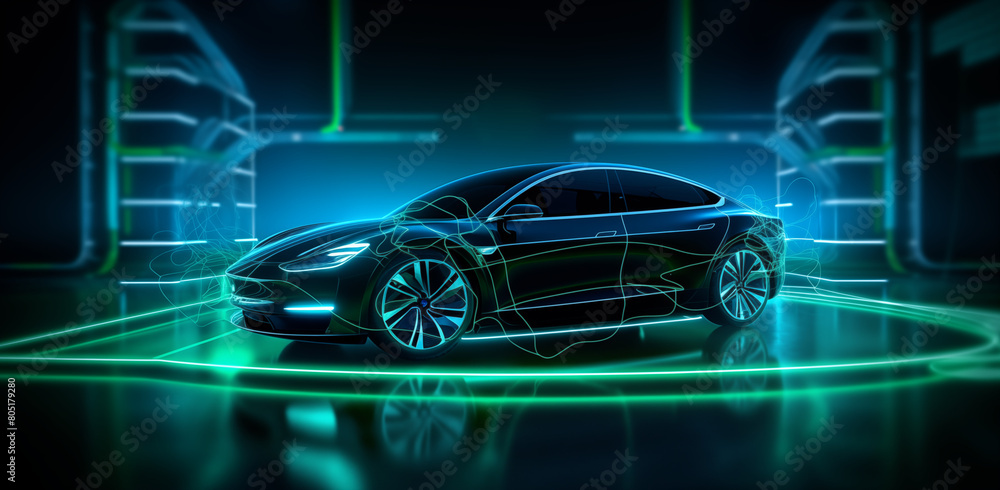 Frontside Futuristic AR car with glowing wire-frame neon light concept car of a futuristic vehicle