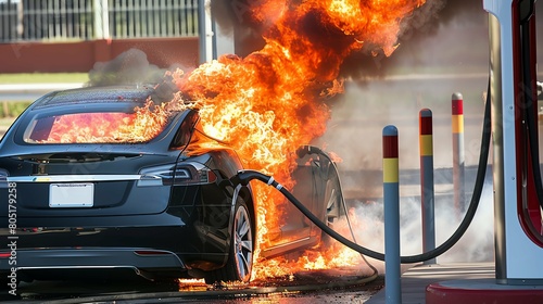 Electric car being charged catching fire at charger station.