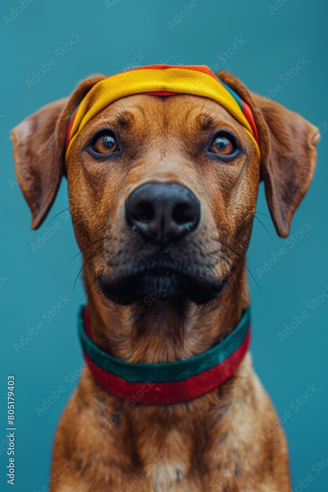 Obraz premium Celebrating Juneteenth: Rhodesian Ridgeback Dog Wearing a Pan-African Flag Headband Against Blue Background