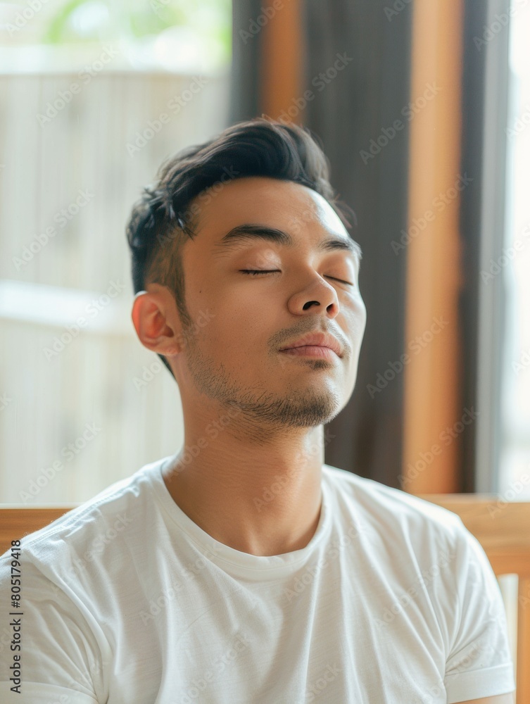 Fototapeta premium Southeast Asian Man Practicing Mindful Breathing for Mental Health in a Serene Room