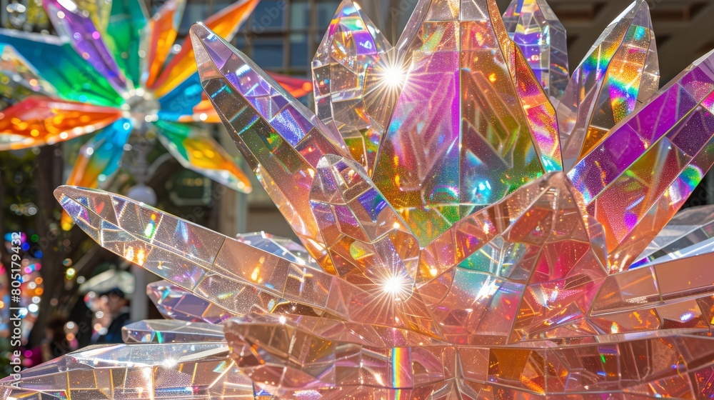 A detailed view of a mosaic sculpture comprised of various hued glass pieces against a backdrop of a structure A detailed view of a mosaic sculpture comprised of various hued glass pieces against a backdrop of a structure