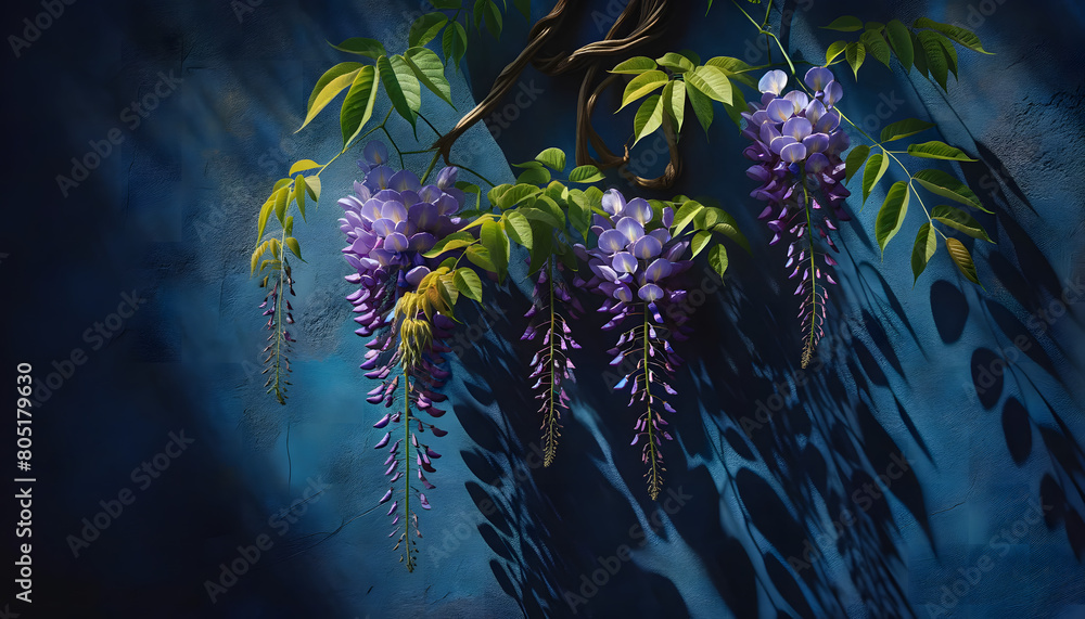 Obraz premium glycine en floraison isolé avec des fleurs sur un fond bleu