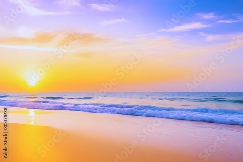 Sea beach view at sunset. Summer travel or holiday background. Beautiful Colorful sky with clouds and sun on the horizon of the sea. Colorful ocean wave textured background  summer day with copy space