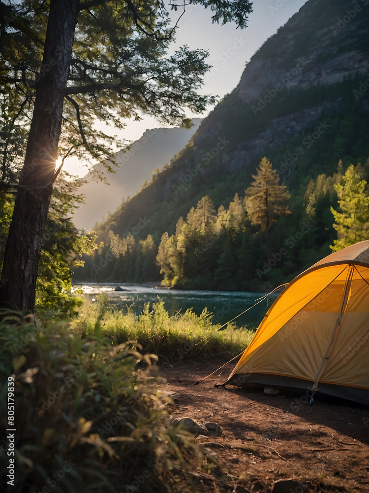 Wilderness Escape, Tent Standing Proudly in the Midst of Pristine Nature, Embraced by Beauty.