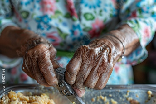 Elderly Multiracial Woman Using Arthritis-Friendly Jar Opener for Pain Management