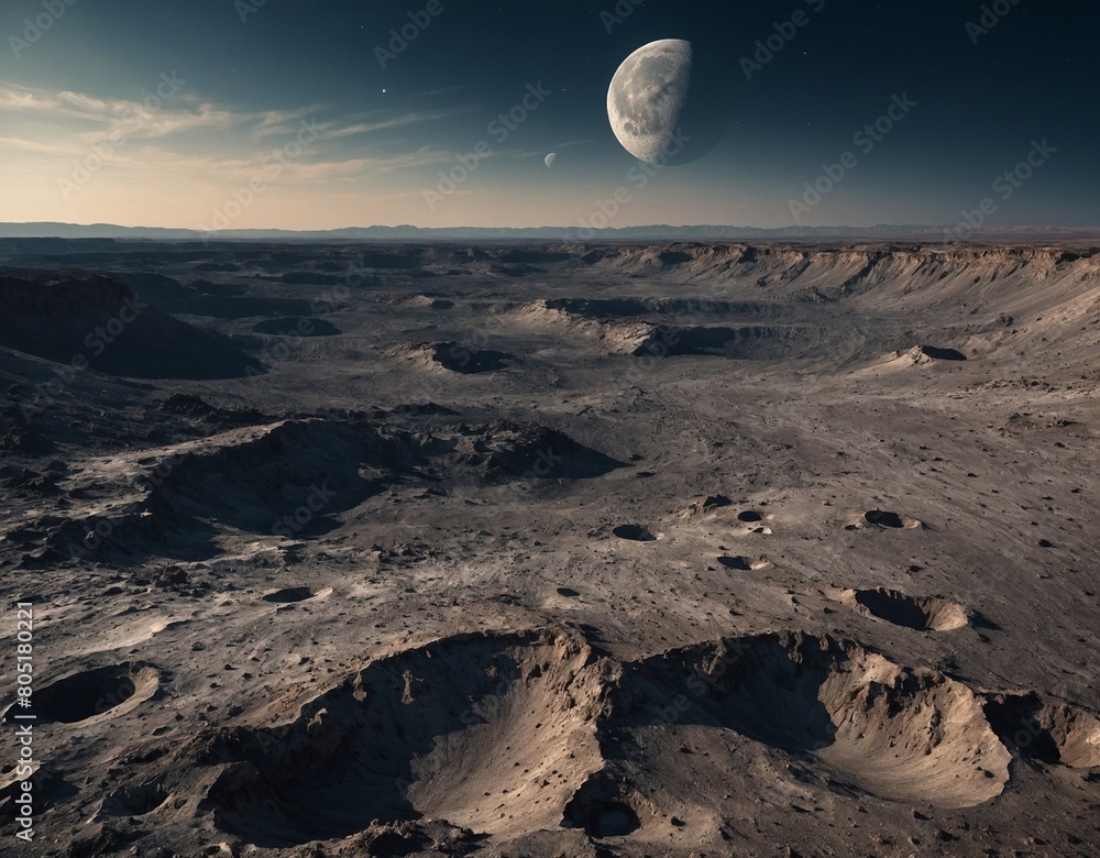Be amazed by the surreal beauty of a lunar landscape, with craters and rocky terrain stretching as far as the eye can see.

