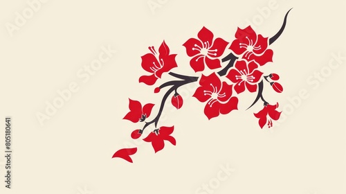   A red flower against a white backdrop, featuring two black stems - one on the left, the other on the right